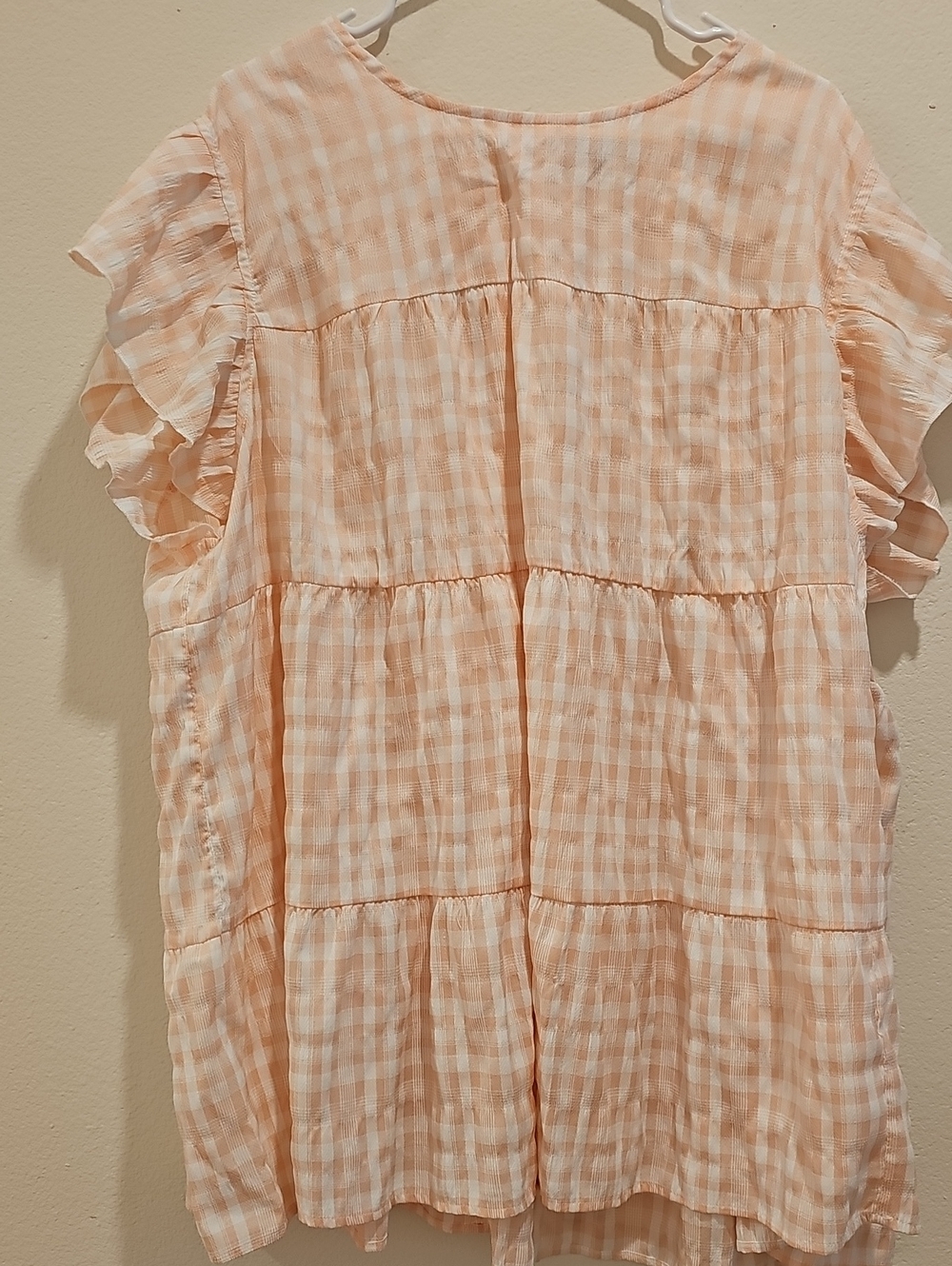 BloomChic Peach Gingham Ruffle Sleeve Blouse